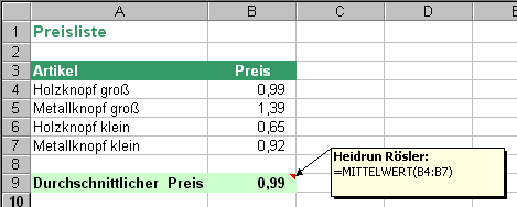 Beispiel Funktion MITTELWERT