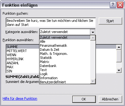 Funktionsassistent in Excel 2003
