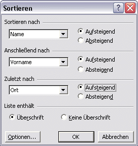 Dialogfenster "Sortieren"